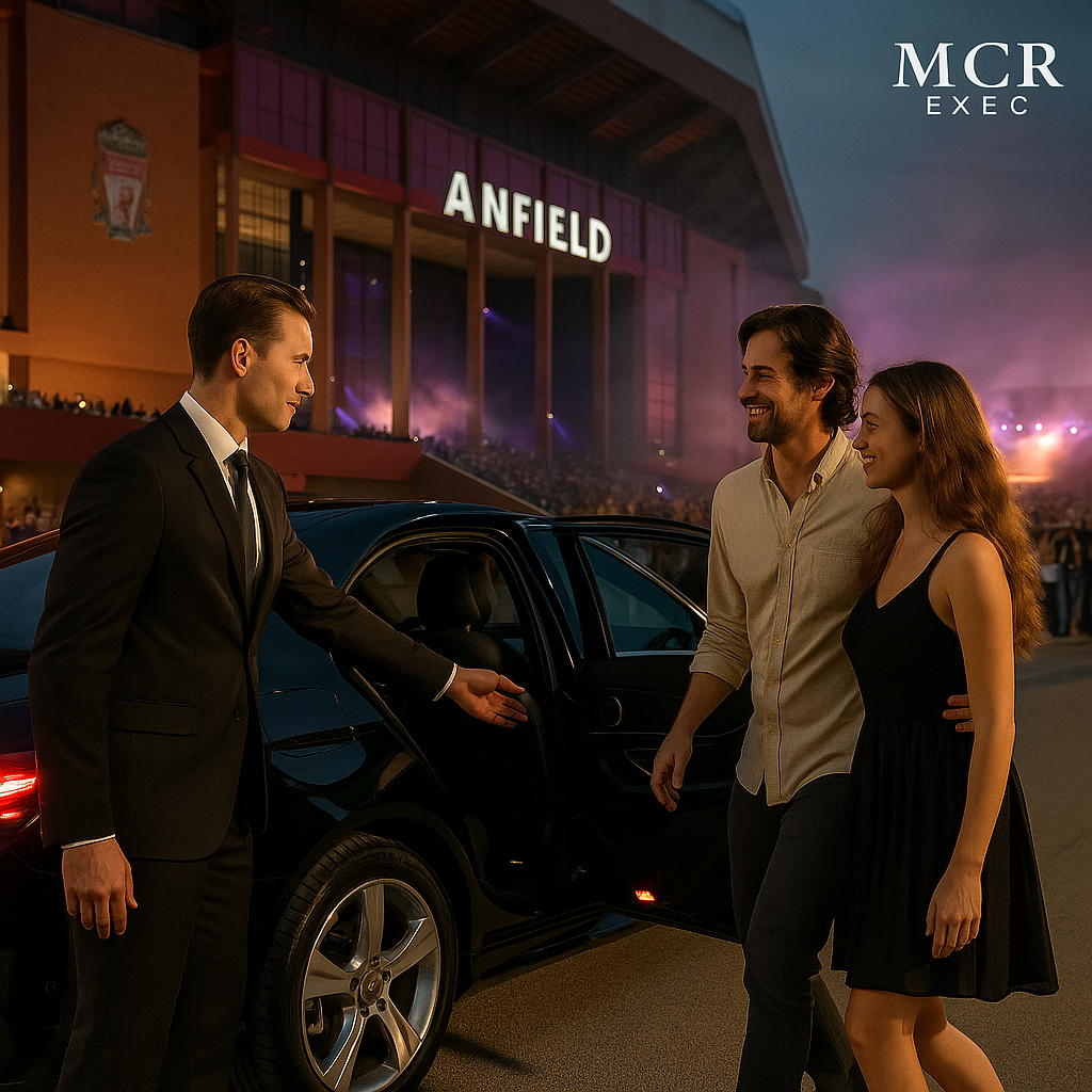 Chauffeur opens Mercedes E-Class door for couple outside Anfield Stadium ahead of Dua Lipa concert

