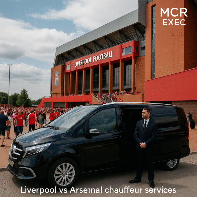Luxury chauffeur vehicle and driver outside Anfield for Liverpool vs Arsenal matchday transport