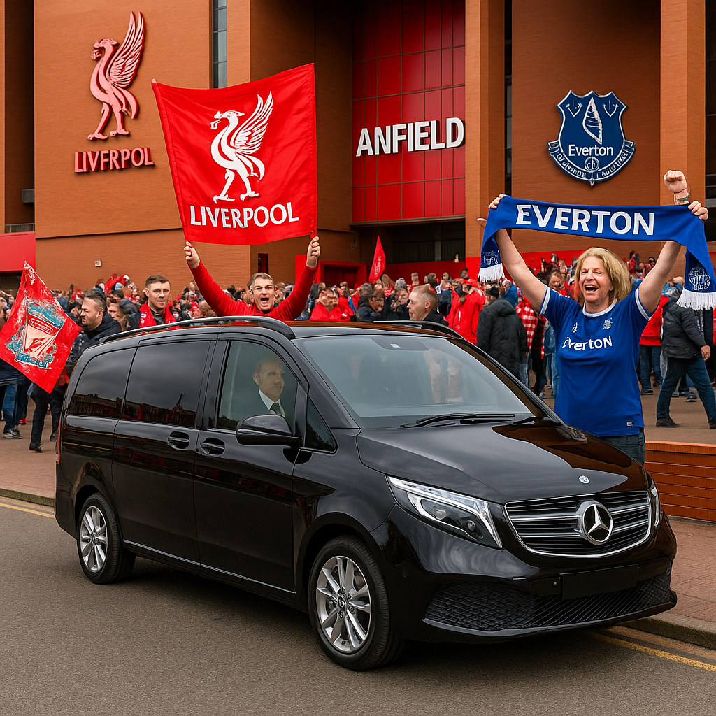 Luxury executive taxi with chauffeur at Anfield for Liverpool vs Everton match, surrounded by fans in team colours