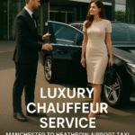 Un chauffeur en tenue de soirée ouvre la porte d'une Mercedes-Benz Classe E noire à une femme bien habillée à l'extérieur du terminal 2 d'Heathrow, faisant la promotion d'un transfert aéroportuaire de luxe.