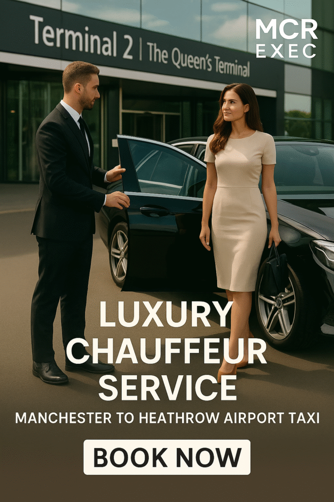 A chauffeur in formal attire opens the door of a black Mercedes-Benz E-Class for a well-dressed woman outside Heathrow Terminal 2, promoting luxury airport transfer.