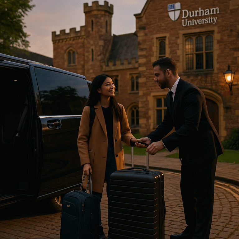 A chauffeur assisting an international student with luggage outside a Durham college after a direct Manchester Airport transfer.