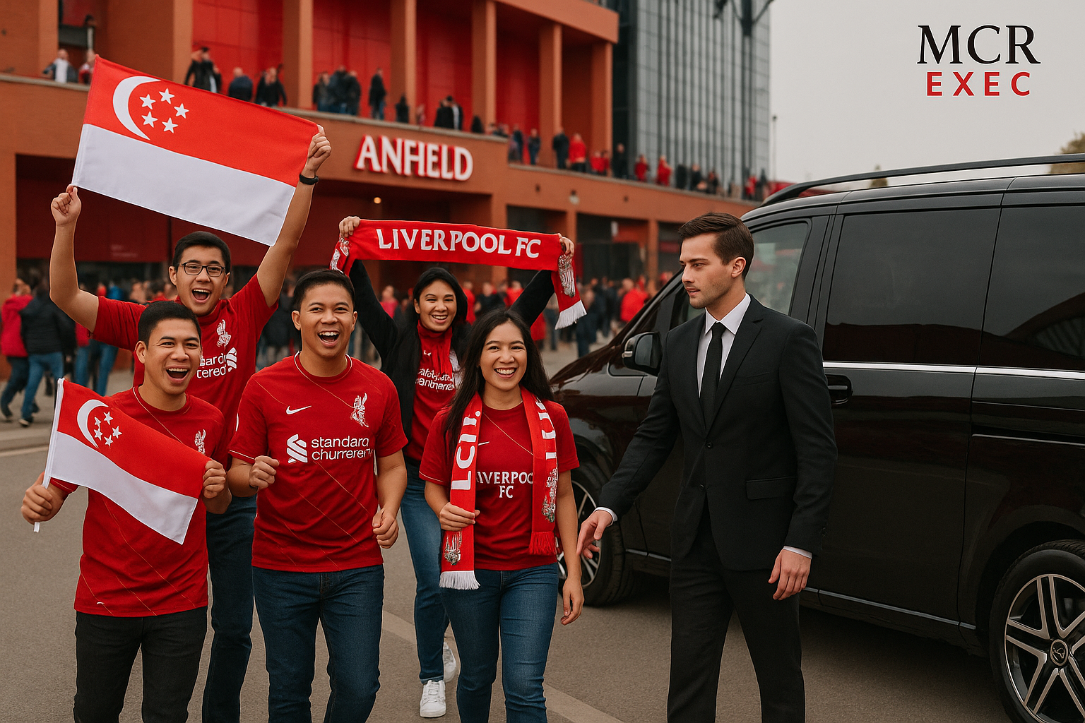 Singaporean Liverpool FC fans arriving at Anfield with MCR EXEC chauffeur service, luxury Mercedes MPV, Singapore flags, vibrant match day atmosphere.