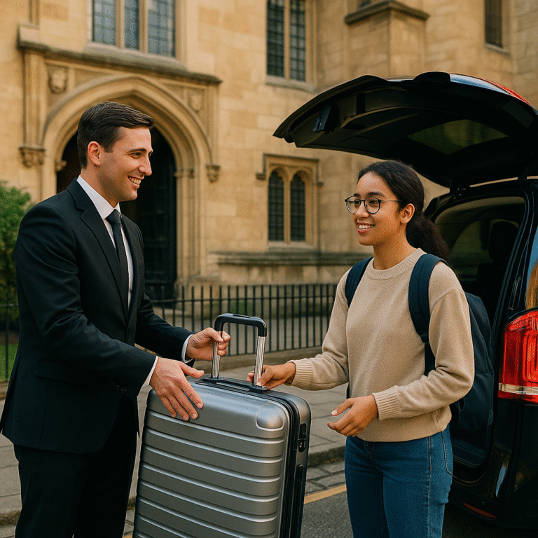 A professional chauffeur helping an international student with luggage outside the University of Oxford after arriving from Manchester Airport