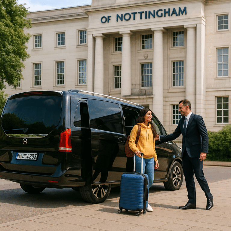 Chauffeur greeting international student outside University of Nottingham building
