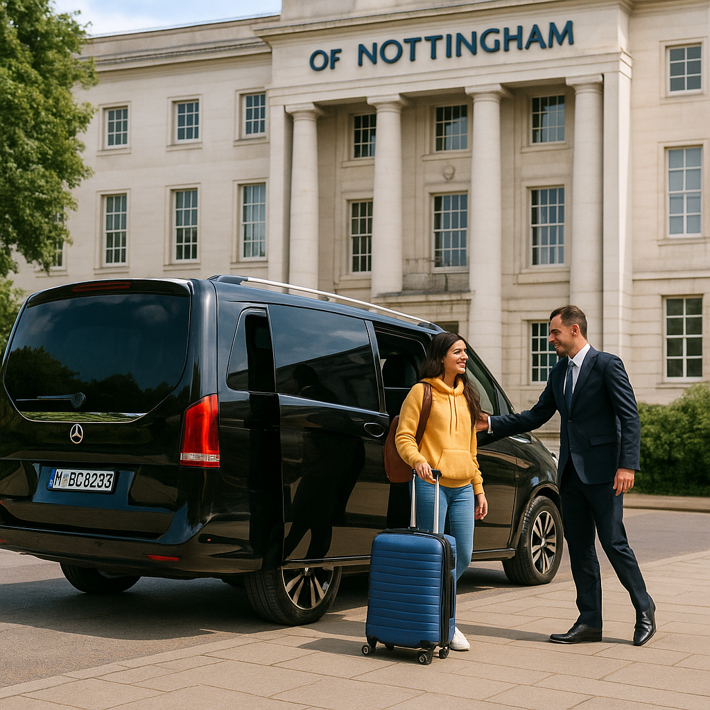 Chauffeur greeting international student outside University of Nottingham building