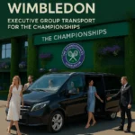 Group of smartly dressed adults arriving at Wimbledon in a black Mercedes minibus, greeted by a professional chauffeur outside The Championships entrance.