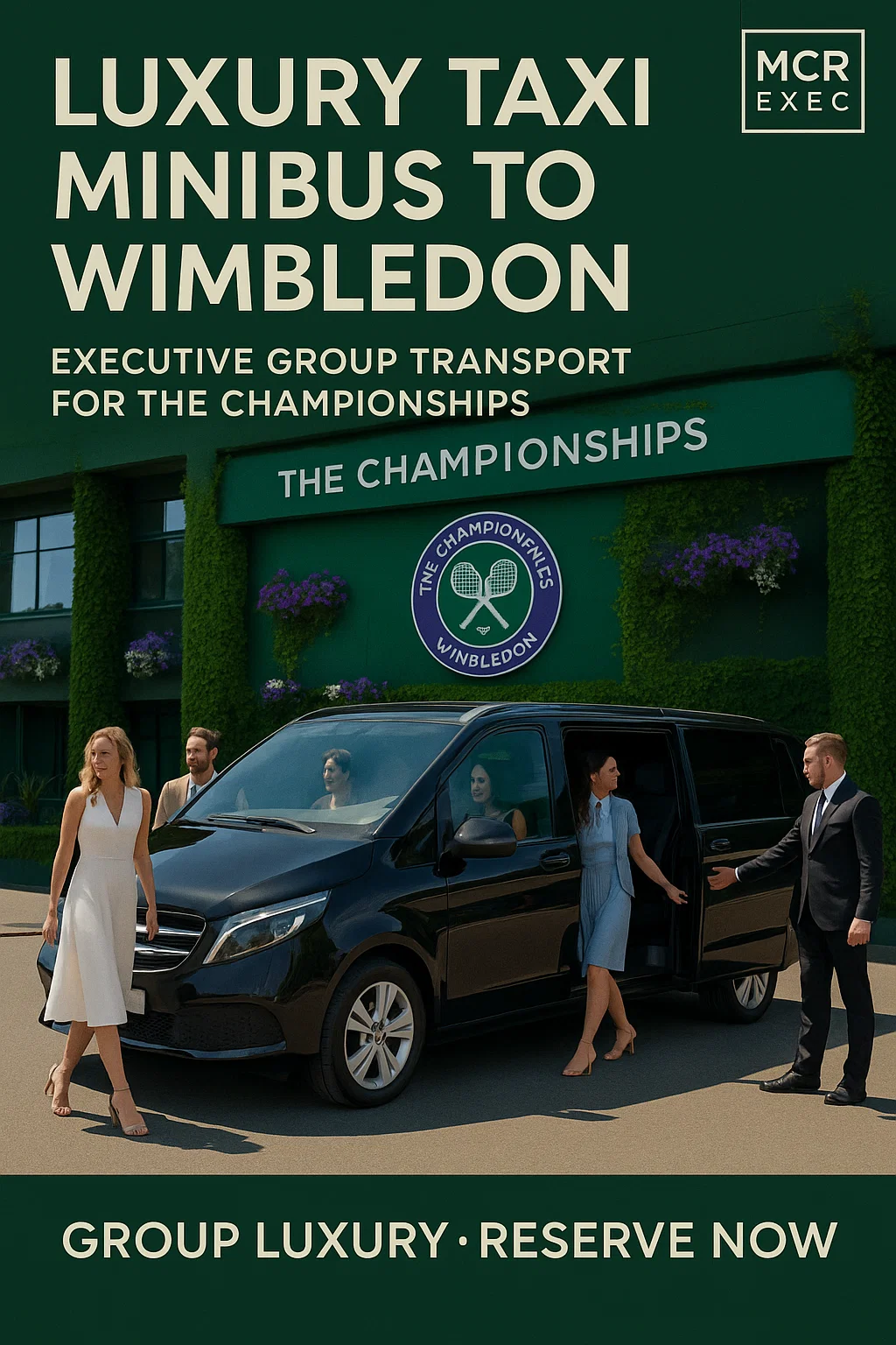 Group of smartly dressed adults arriving at Wimbledon in a black Mercedes minibus, greeted by a professional chauffeur outside The Championships entrance.