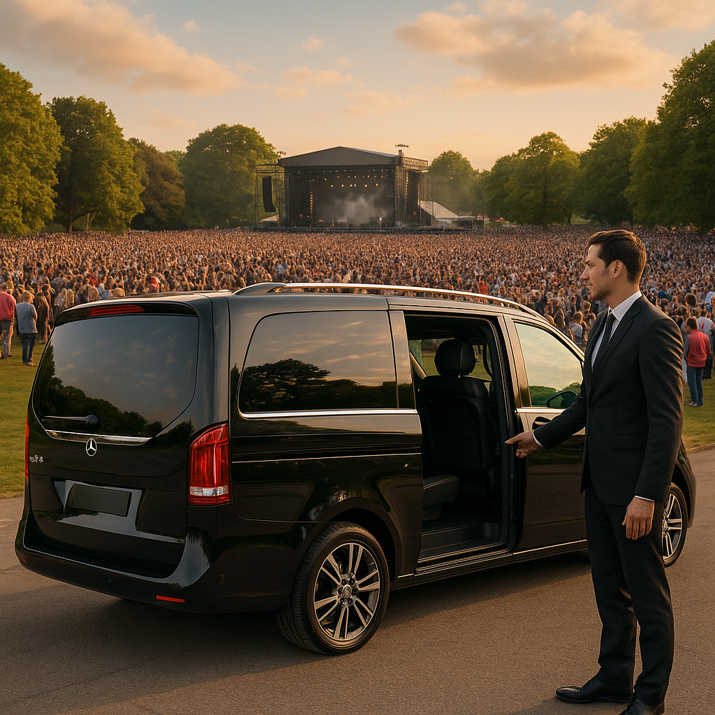 Professional chauffeur opening Mercedes V-Class MPV at Heaton Park, with thousands of Oasis concertgoers in the background. Luxury Taxi Oasis Concert Manchester

