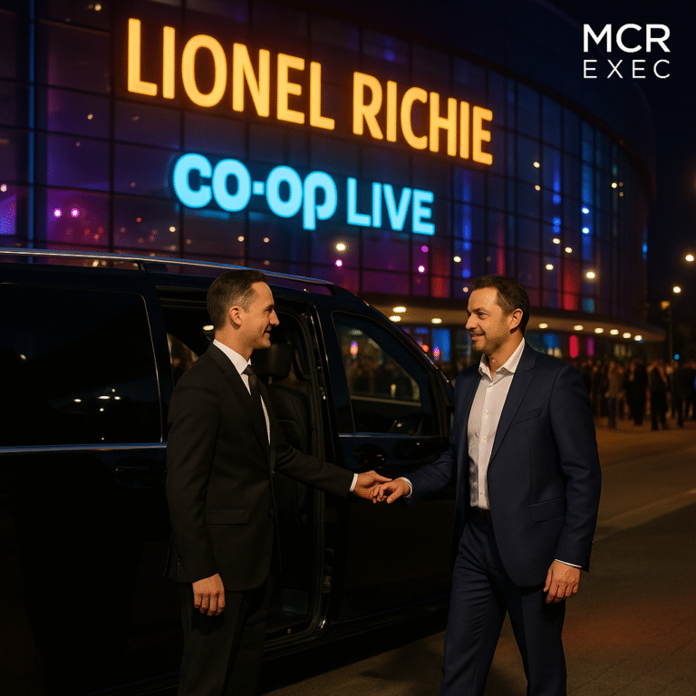 Professional chauffeur opens luxury black Mercedes for guest outside Co-op Live during Lionel Richie concert in Manchester