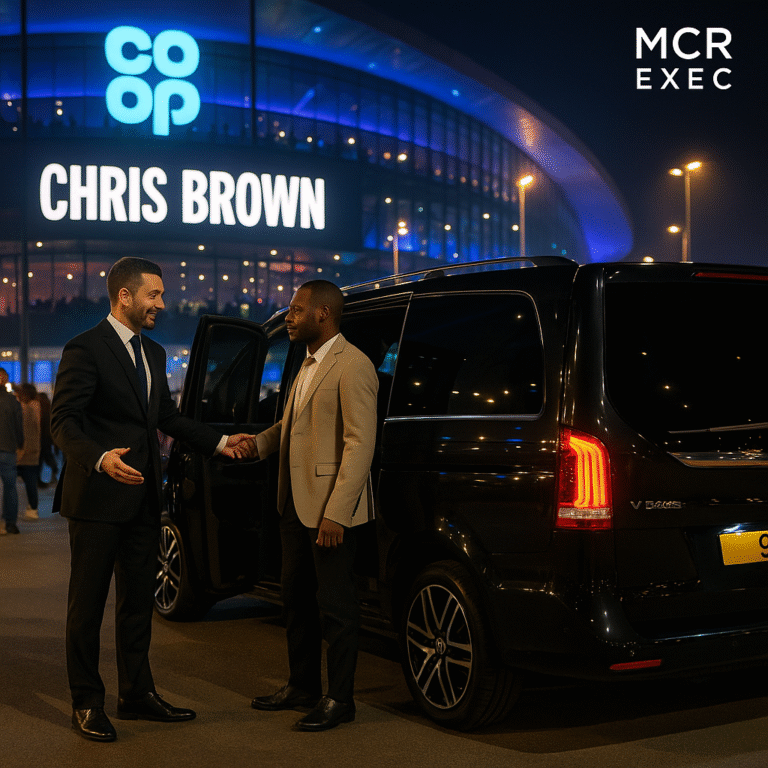 Chauffeur assists client into luxury black Mercedes V-Class outside Co-op Live during Chris Brown concert in Manchester