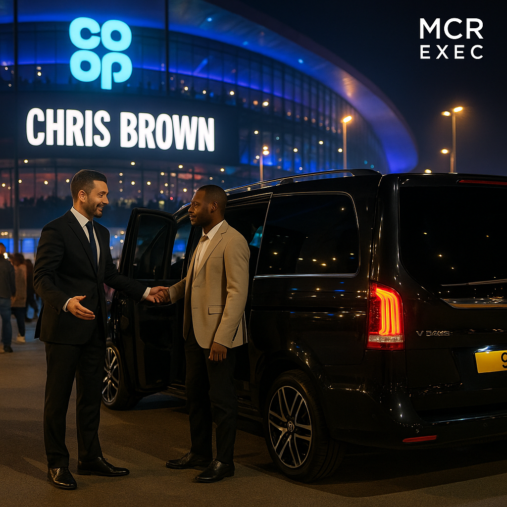 Chauffeur assists client into luxury black Mercedes V-Class outside Co-op Live during Chris Brown concert in Manchester