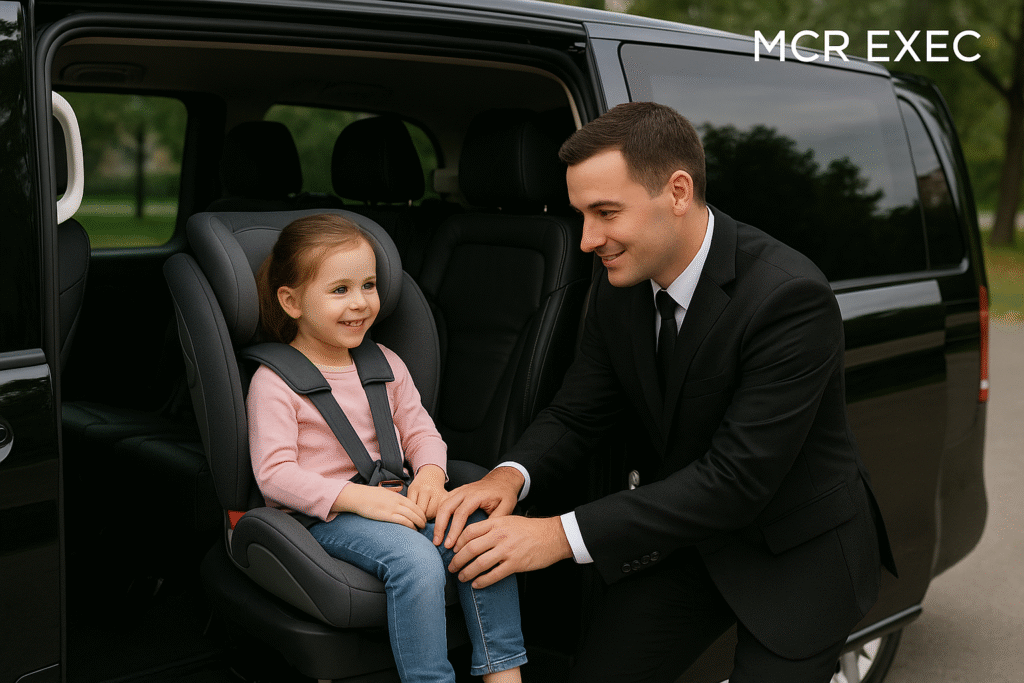 MCR EXEC chauffeur securing child in a car seat inside luxury MPV vehicle