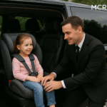 MCR EXEC chauffeur securing child in a car seat inside luxury MPV vehicle