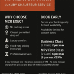 Promotional flyer for MCR EXEC luxury chauffeur service for Oasis Live at Heaton Park. The flyer features a red and black design with the MCR EXEC logo. It highlights benefits such as no parking stress, closest permitted drop-off, luxury comfort, fixed-rate pricing with no surge, and professional drivers. Pricing is shown: Business Class (E Class) for 2 passengers maximum, MPV First Class (V Class) for up to 6 passengers at £65/hr. Additional notes include a 6-hour minimum hire, prices exclusive of VAT, and no extra mileage charges within Greater Manchester. Booking tips emphasise high demand, securing availability early, confirming Heaton Park gate, planning arrival and departure times, and bringing tickets and ID.