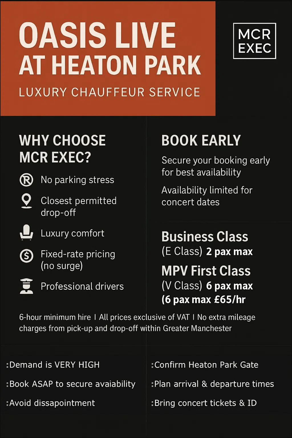 Promotional flyer for MCR EXEC luxury chauffeur service for Oasis Live at Heaton Park. The flyer features a red and black design with the MCR EXEC logo. It highlights benefits such as no parking stress, closest permitted drop-off, luxury comfort, fixed-rate pricing with no surge, and professional drivers. Pricing is shown: Business Class (E Class) for 2 passengers maximum, MPV First Class (V Class) for up to 6 passengers at £65/hr. Additional notes include a 6-hour minimum hire, prices exclusive of VAT, and no extra mileage charges within Greater Manchester. Booking tips emphasise high demand, securing availability early, confirming Heaton Park gate, planning arrival and departure times, and bringing tickets and ID.