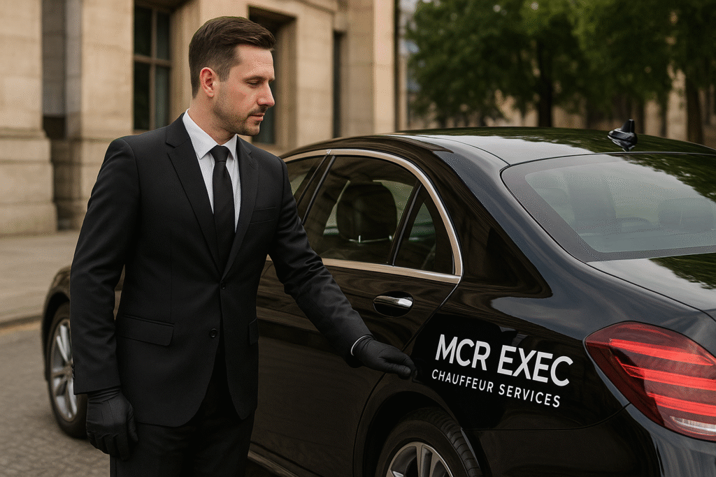 Professional chauffeur opening luxury vehicle door for corporate passenger