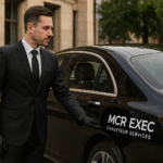 Professional chauffeur opening luxury vehicle door for corporate passenger
