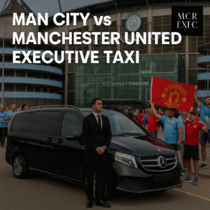 Executive taxi and chauffeur at Etihad for Man City vs Manchester United match, fans waving Man Utd flag