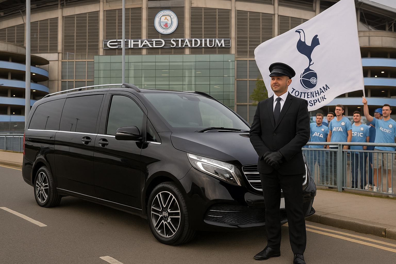 Executive MPV with chauffeur at Etihad Stadium for Man City vs Tottenham Hotspur match, Spurs fans holding flag