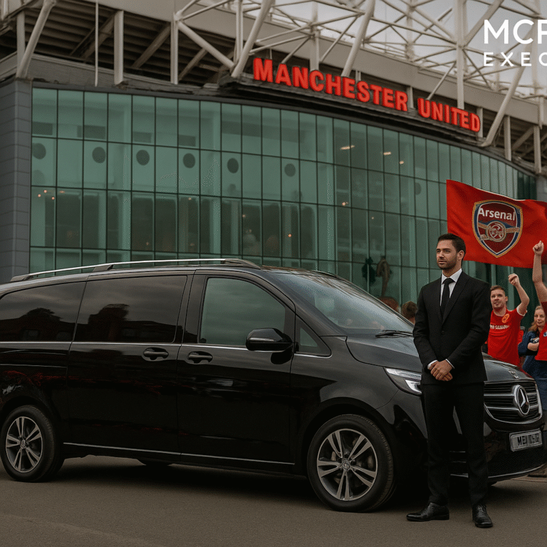 Luxury MPV with chauffeur at Old Trafford for Man Utd vs Arsenal match, Arsenal fans with flag in background