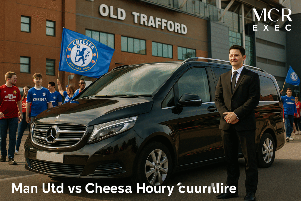 Executive MPV and chauffeur ready at Old Trafford for Man Utd vs Chelsea hourly chauffeur hire, with fans in Chelsea shirts and flag in the background
