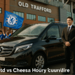 Luxury black MPV and chauffeur at Old Trafford for Man Utd vs Chelsea match, fans with Chelsea flag