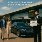 Chauffeur holding a "York Racecourse" sign greets a smartly dressed couple outside Manchester Airport beside a luxury black Mercedes-Benz.