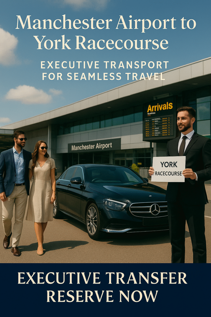 Chauffeur holding a "York Racecourse" sign greets a smartly dressed couple outside Manchester Airport beside a luxury black Mercedes-Benz.