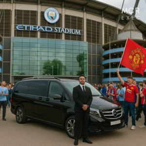 Luxury MPV with chauffeur at Etihad for Manchester City vs Manchester United match, United fans with flag