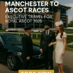 Elegant couple in race-day attire arrive at Royal Ascot in a chauffeur-driven black Mercedes, greeted by a uniformed driver.