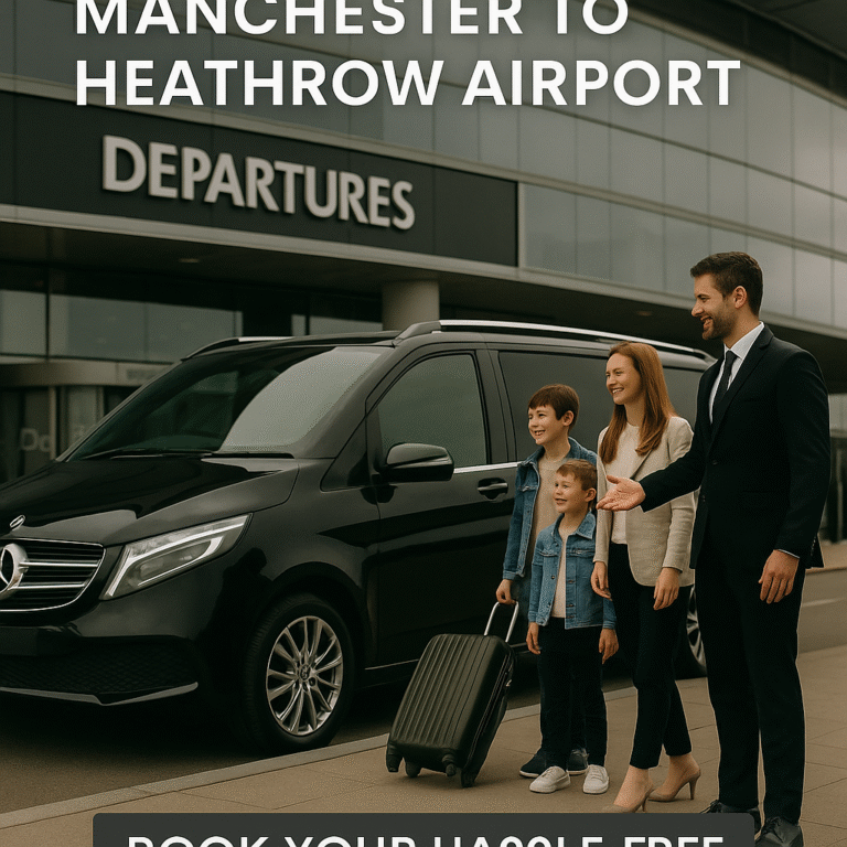 Chauffeur welcomes a smiling family outside Heathrow Departures next to a black Mercedes V-Class, showcasing MCR EXEC’s premium airport transfer from Manchester.