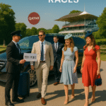 Stylish group arrives at the Qatar Goodwood Races from Manchester, stepping out of a black Mercedes minivan with chauffeur assistance and racecourse grandstand in view.