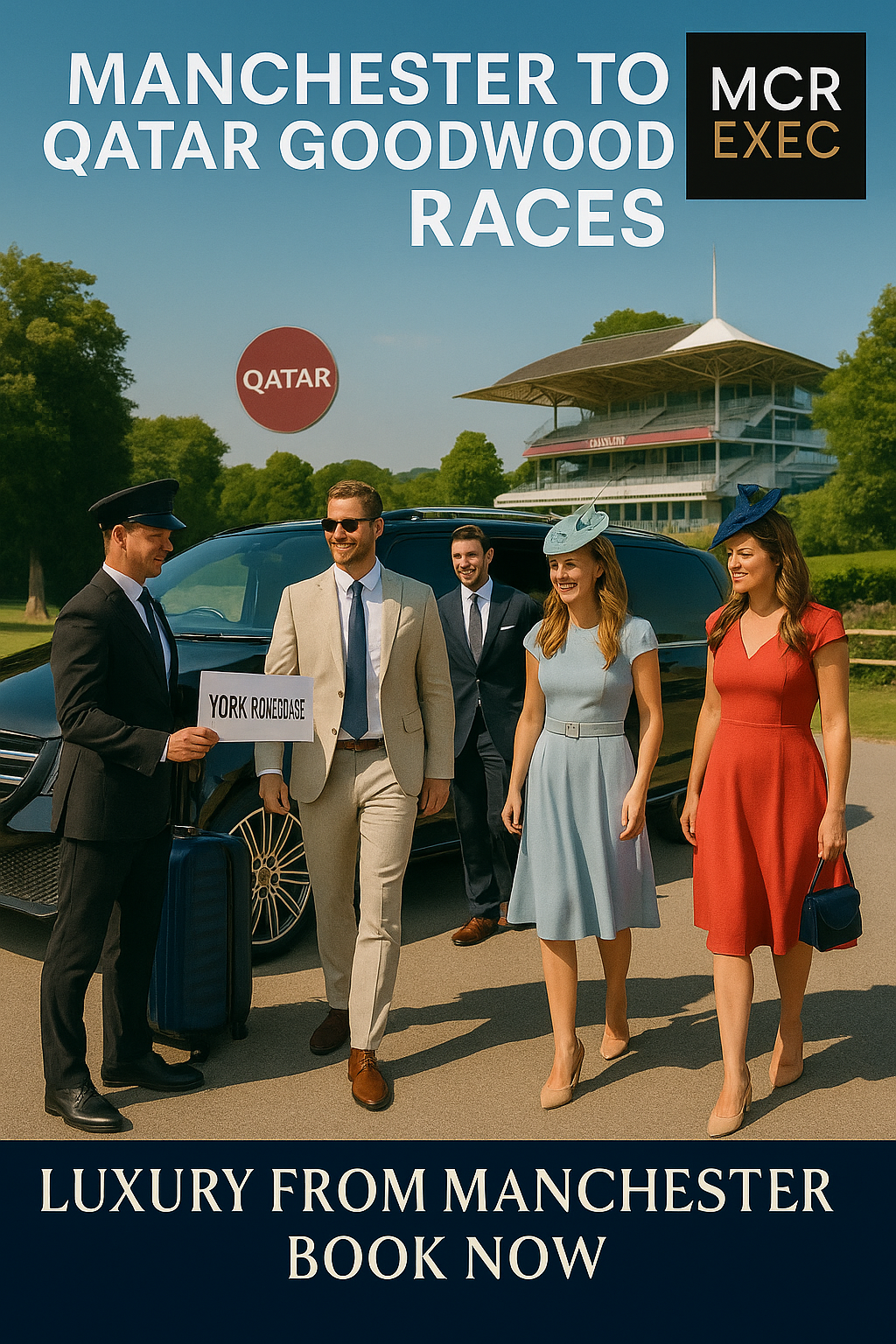 Stylish group arrives at the Qatar Goodwood Races from Manchester, stepping out of a black Mercedes minivan with chauffeur assistance and racecourse grandstand in view.