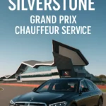 Luxury chauffeur service transporting guests from Manchester to Silverstone for the British Grand Prix, with executive vehicles and suited drivers at the F1 paddock entrance.