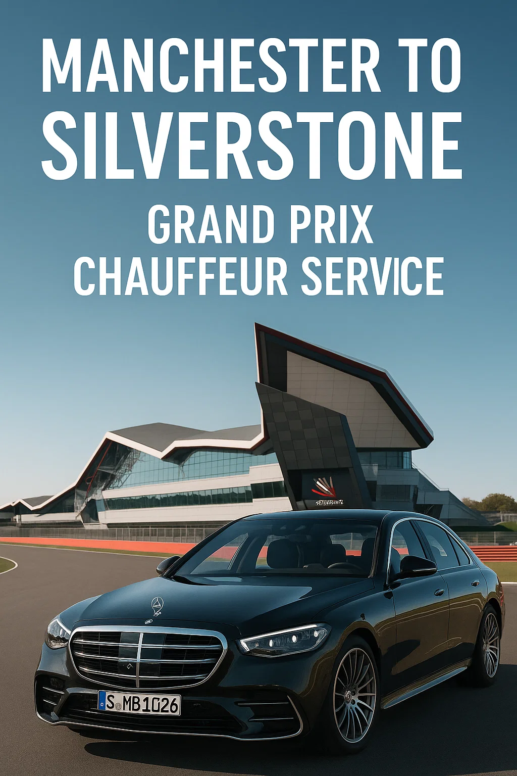 Luxury chauffeur service transporting guests from Manchester to Silverstone for the British Grand Prix, with executive vehicles and suited drivers at the F1 paddock entrance.