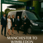 Group of professionals exiting a black Mercedes minibus at Wimbledon, greeted by a suited chauffeur under The Championships signage.