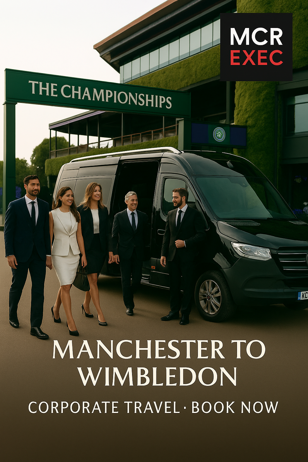Group of professionals exiting a black Mercedes minibus at Wimbledon, greeted by a suited chauffeur under The Championships signage.