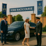 A couple arrives at York Racecourse in a luxury black Mercedes from Manchester, greeted by a chauffeur with Ebor Festival banners in the background.