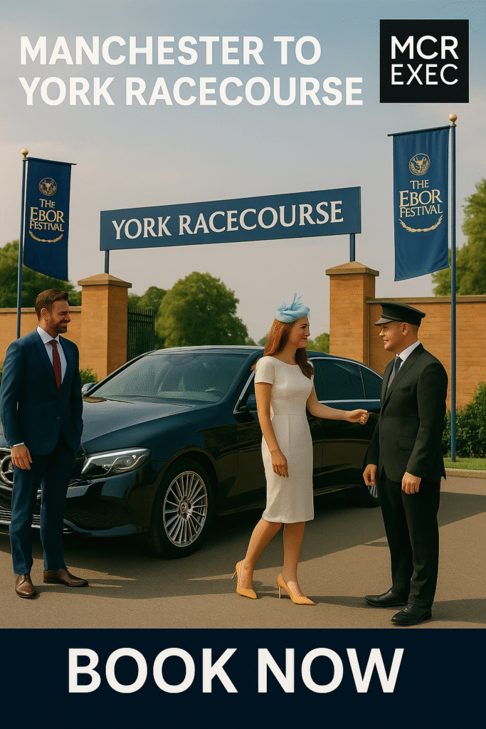 A couple arrives at York Racecourse in a luxury black Mercedes from Manchester, greeted by a chauffeur with Ebor Festival banners in the background.