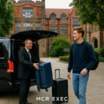 Chauffeur assisting a student outside Newcastle University with luggage being placed into a luxury MPV