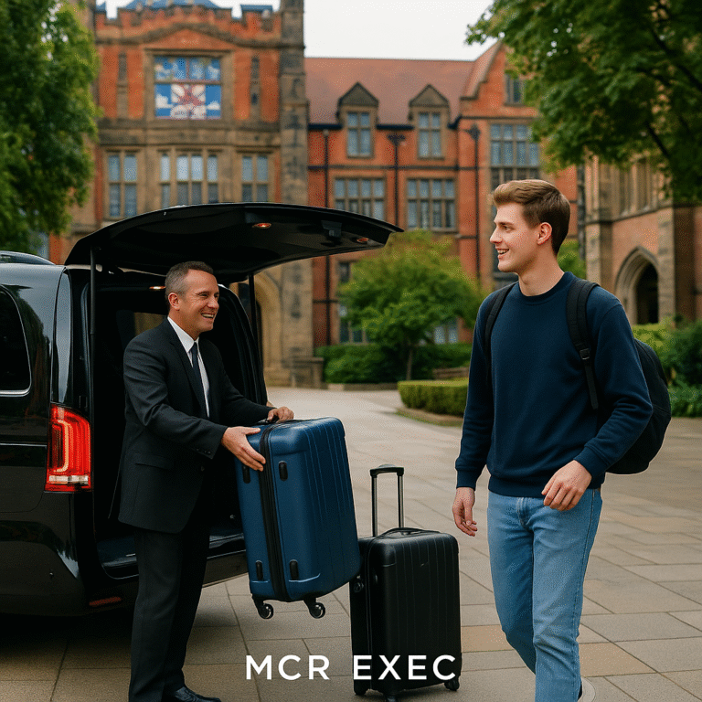 Chauffeur assisting a student outside Newcastle University with luggage being placed into a luxury MPV