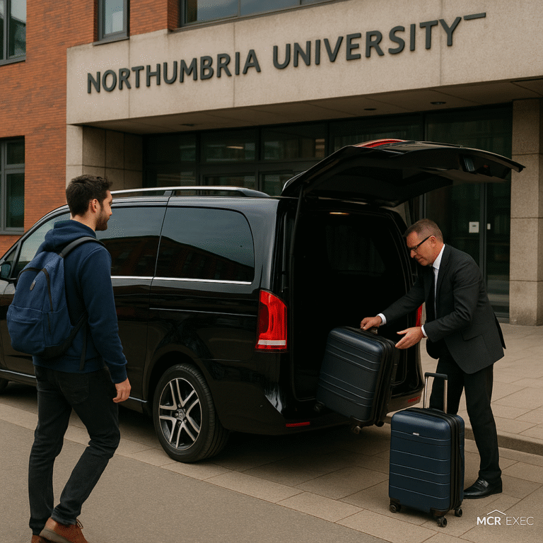 Chauffeur loading suitcase into luxury black MPV outside Northumbria University as male student approaches