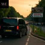 Luxury chauffeur-driven Mercedes V-Class approaching Heaton Park for Oasis concert, road signs and concert traffic visible.