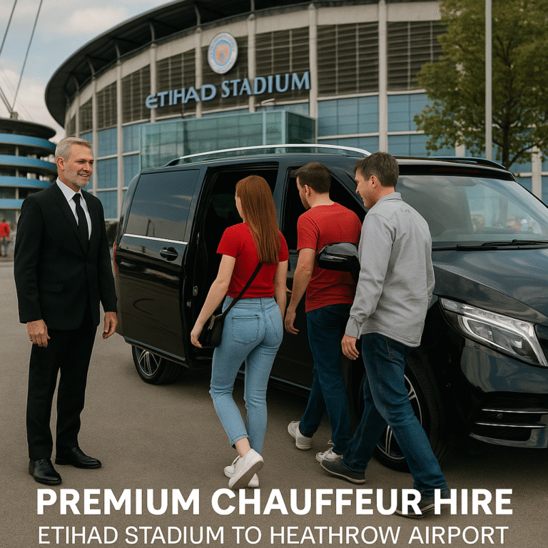 Luxury Mercedes V-Class with chauffeur at Etihad as fans enter vehicle for Heathrow transfer