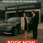 Un chofer profesional ayuda a una mujer bien vestida afuera de la Terminal 2 de Heathrow con un Mercedes Clase E negro, promocionando el servicio de Manchester a Heathrow de MCR EXEC.