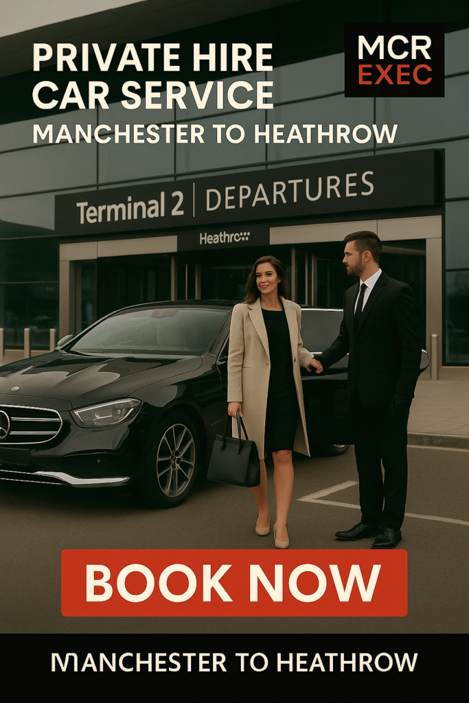Un chauffeur professionnel assiste une femme bien habillée à l'extérieur du terminal 2 d'Heathrow avec une Mercedes Classe E noire, faisant la promotion du service Manchester-Heathrow de MCR EXEC.
