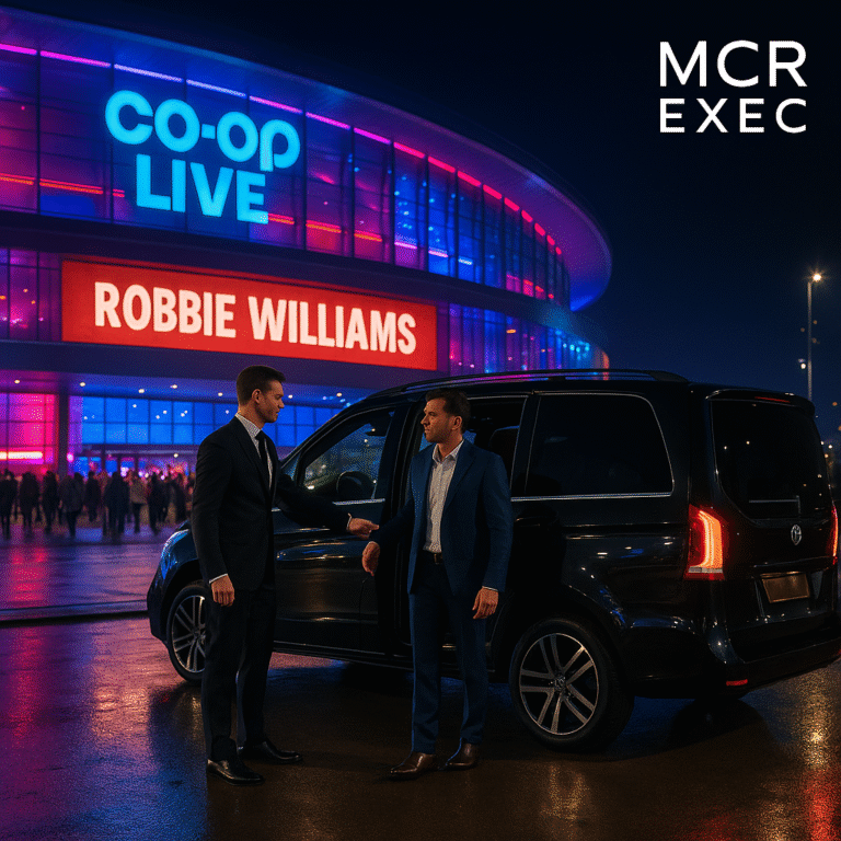 A professional MCR EXEC chauffeur assists a client outside a luxury Mercedes V-Class at Co-op Live arena on 10th June 2025, just before the Robbie Williams concert in Manchester.