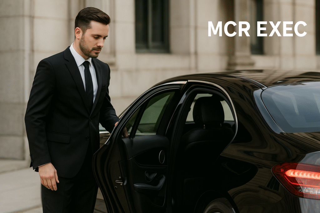 Text: Professional chauffeur opening luxury vehicle door in Manchester