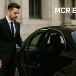 Text: Professional chauffeur opening luxury vehicle door in Manchester